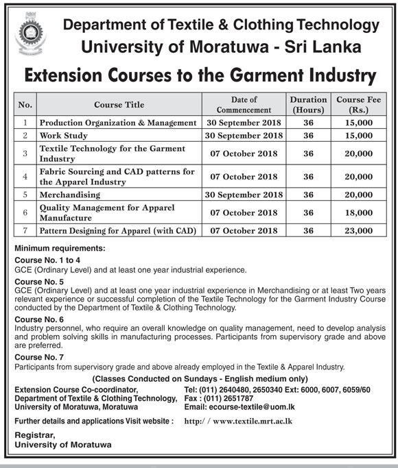 Extension Courses to the Garment Industry - Department of Textile & Clothing Technology - University of Moratuwa